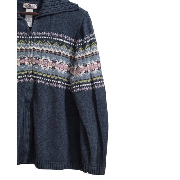 Tiara Woman Vintage Blue Fair Isle Ramie Blend Zip Front Sweater Sz 1X - Picture 4 of 8